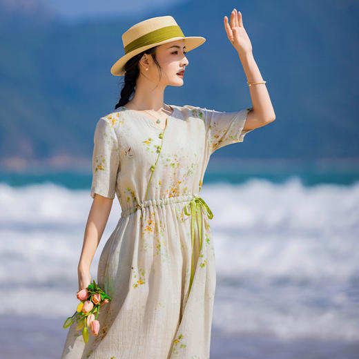 HM-S424夏季新款原创中国风复古高端苎麻印花连衣裙短袖系带文艺女装 商品图1