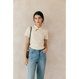 HeyDress新中式盘扣T恤女夏季立领收腰抽褶设计短款坑条短袖上衣