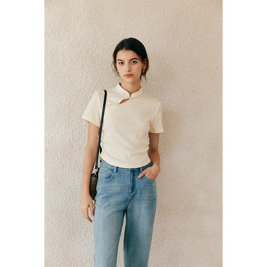 HeyDress新中式盘扣T恤女夏季立领收腰抽褶设计短款坑条短袖上衣 商品图0