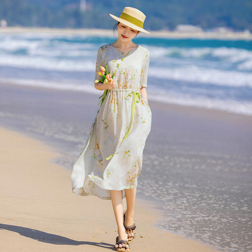 HM-S424夏季新款原创中国风复古高端苎麻印花连衣裙短袖系带文艺女装 商品图0