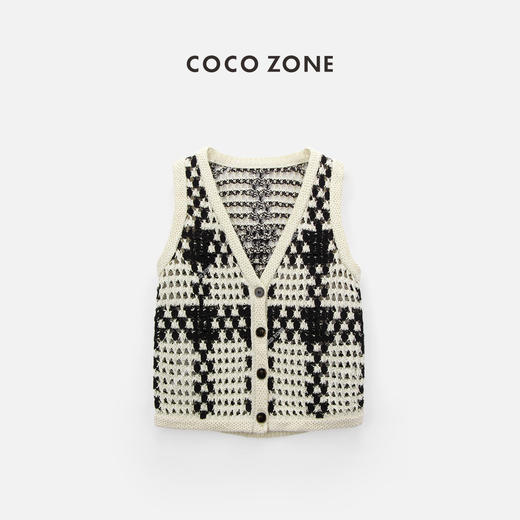 COCO ZONE"黑栗子“复古时尚镂空设计感无袖针织马夹百搭单排扣上衣CC1B1039 商品图0
