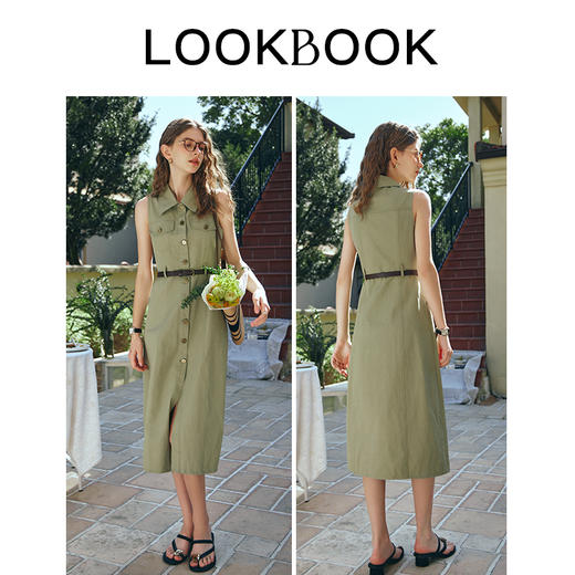 OLrain欧芮儿法式绿色连衣裙女早春2024新款复古收腰翻领无袖裙子 商品图4