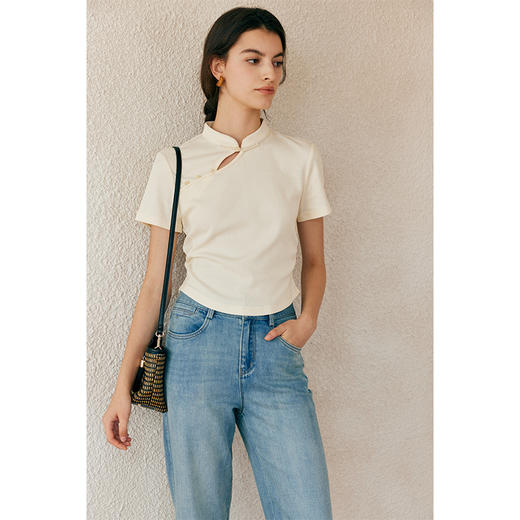 HeyDress新中式盘扣T恤女夏季立领收腰抽褶设计短款坑条短袖上衣 商品图3