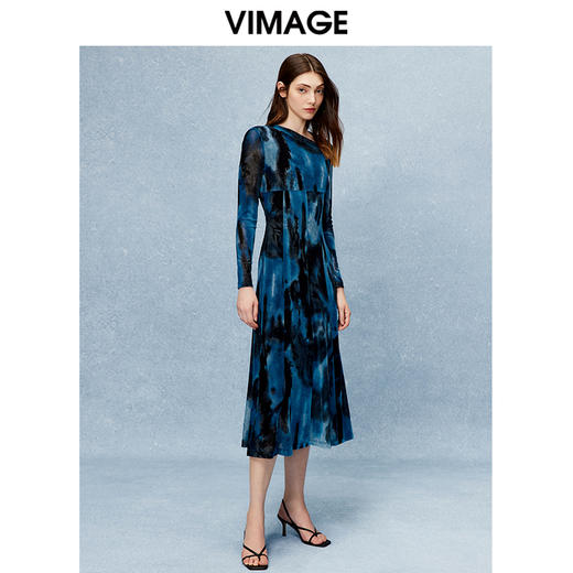 VIMAGE纬漫纪秋季新款高腰显瘦修身晕染印花小众设计连衣裙V2207801 商品图1