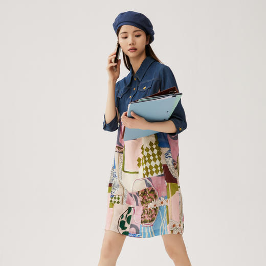 谜底衬衫式连衣裙中袖女2024夏新款牛仔拼接花色直筒裙247ML5102 商品图1