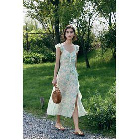 HeyDress法式V领碎花连衣裙女夏季收腰设计感浪漫荷叶边印花裙子