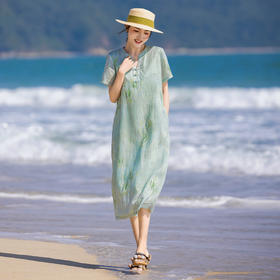 HM夏季新款文艺复古短袖柳枝印花苎麻改良旗袍裙V领大气盘扣连衣裙