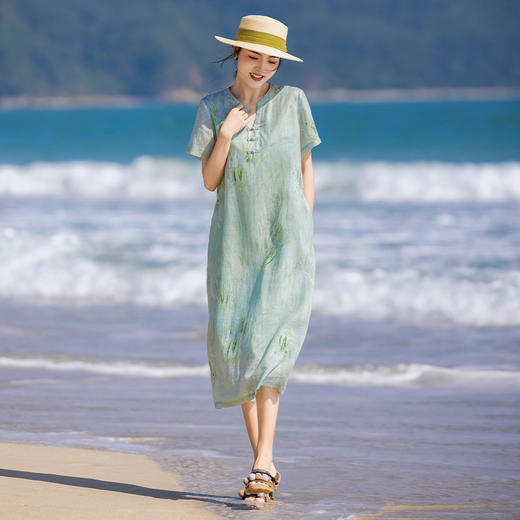 HM夏季新款文艺复古短袖柳枝印花苎麻改良旗袍裙V领大气盘扣连衣裙 商品图0