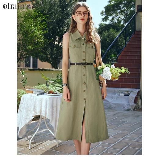 OLrain欧芮儿法式绿色连衣裙女早春2024新款复古收腰翻领无袖裙子 商品图0