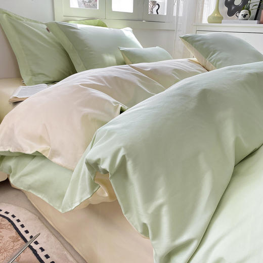 【维科家纺】素色全棉四件套纯棉简约床品撞色被套三件套（绿黄） 商品图1