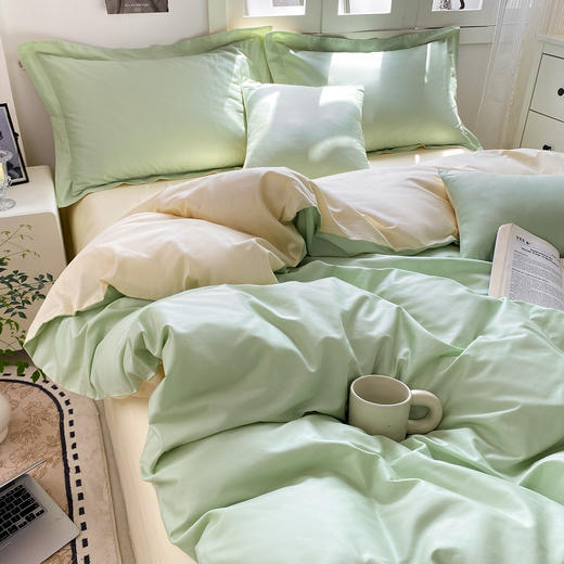 【维科家纺】素色全棉四件套纯棉简约床品撞色被套三件套（绿黄） 商品图3