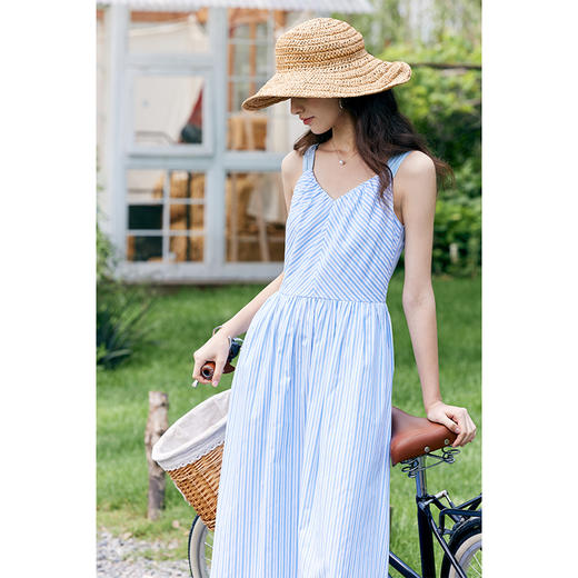 HeyDress宽肩带吊带连衣裙女夏季蓝白条纹吊带裙收腰设计显瘦裙子 商品图2