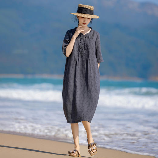 HM-S454亚麻碎花连衣裙复古花边圆领风琴褶中袖印花A字裙 24春夏原创新款 商品图1