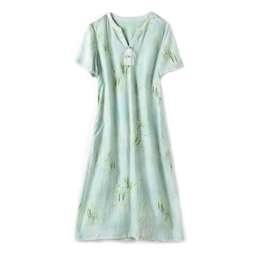 HM夏季新款文艺复古短袖柳枝印花苎麻改良旗袍裙V领大气盘扣连衣裙 商品图4