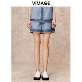 VIMAGE纬漫纪秋季新款时尚复古高腰显瘦通勤阔腿短裤V2205801