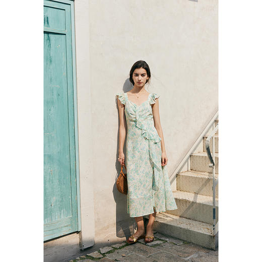 HeyDress法式V领碎花连衣裙女夏季收腰设计感浪漫荷叶边印花裙子 商品图3