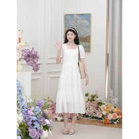 鹿向南 温柔气质显瘦短袖连衣裙米白色绣花长裙QYM002097