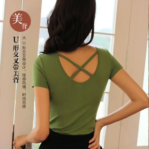 棉美背螺纹女内搭【带胸垫t恤罩杯一体短袖】夏季外穿打底衫 半袖上衣  商品图2