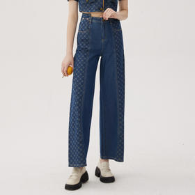 谜底牛仔提花阔腿裤女2024夏季款复古风高腰设计感长裤247MK5009
