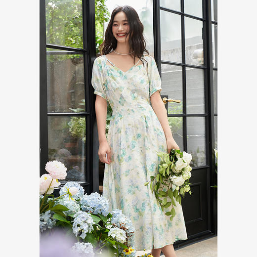 法式浪漫小清新连衣裙女夏季桃心方领收腰A摆碎花连衣裙V1941716 商品图3