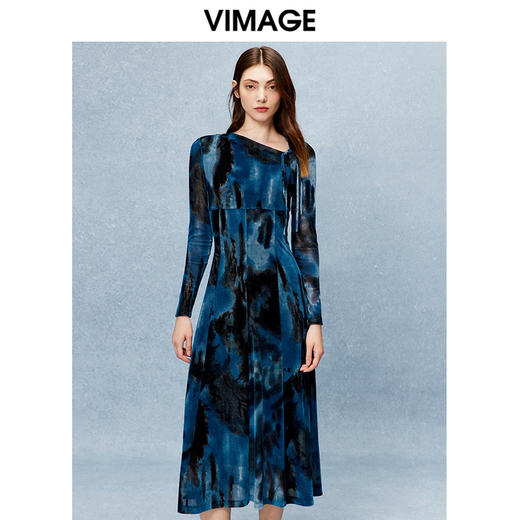 VIMAGE纬漫纪秋季新款高腰显瘦修身晕染印花小众设计连衣裙V2207801 商品图3