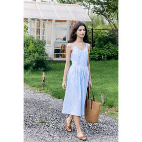 HeyDress宽肩带吊带连衣裙女夏季蓝白条纹吊带裙收腰设计显瘦裙子