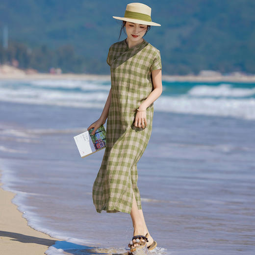 HM复古格纹色织亚麻改良旗袍 2024春夏原创新款国风无袖立领连衣裙 商品图2
