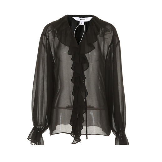 VIMAGE纬漫纪时尚荷叶边黑色网纱防晒两件套雪纺衫上衣夏新款V2113736 商品图5