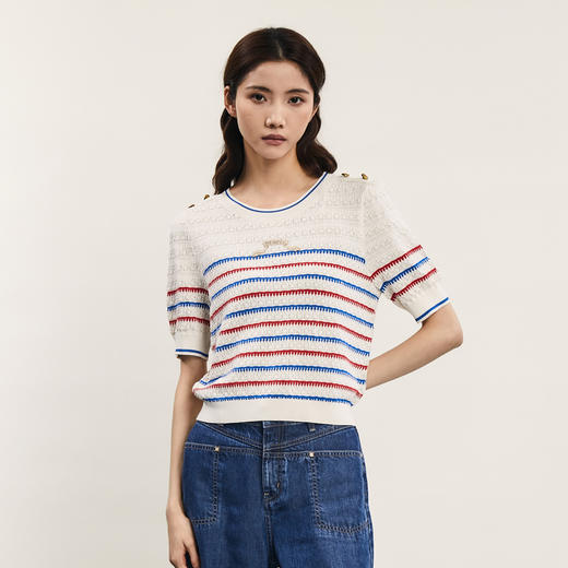 谜底条纹针织衫短袖女2024夏季新品文艺风圆领套头上衣242MZ0888 商品图0