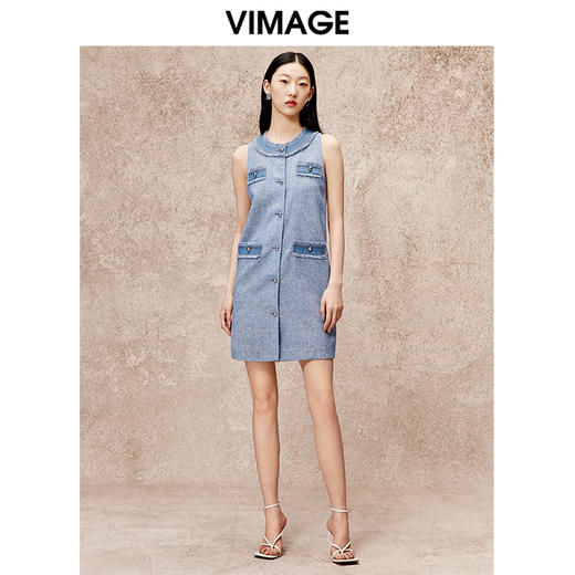 VIMAGE纬漫纪秋季新款复古法式气质显瘦高腰无袖连衣裙V2207803 商品图1