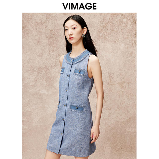 VIMAGE纬漫纪秋季新款复古法式气质显瘦高腰无袖连衣裙V2207803 商品图3