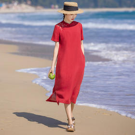 HM红色高考旗袍改良苎麻刺绣短袖立领中国风盘扣连衣裙2024春夏新款