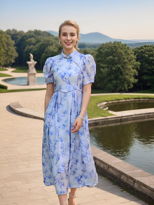 立领泡泡袖新国风连衣裙 商品图0