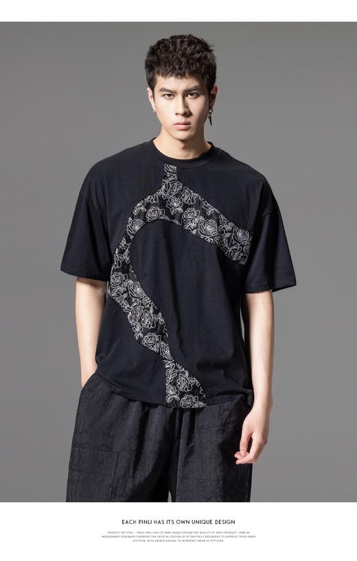 PINLI品立2024夏季新款国潮拼接短袖T恤男士玫瑰花刺绣休闲体恤衫B242111105 商品图0