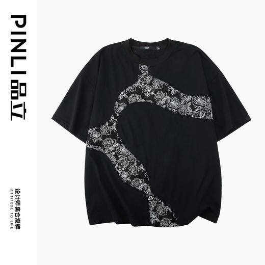 PINLI品立2024夏季新款国潮拼接短袖T恤男士玫瑰花刺绣休闲体恤衫B242111105 商品图3