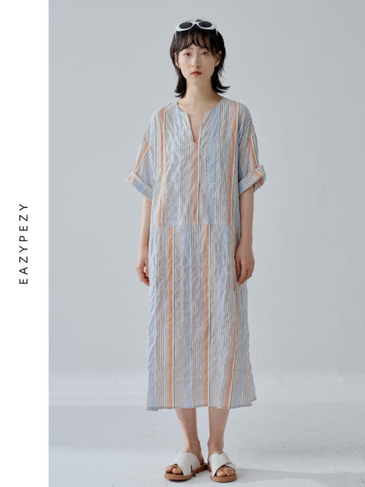 2024SS 进口皱皱棉条纹半袖连衣裙 商品图3