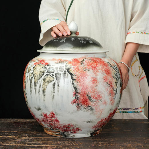 台湾陶艺大家 陈庆 聚宝罐 山水枫林招财罐大摆件家用办公室风水罐客厅店铺大容量储存罐 商品图3