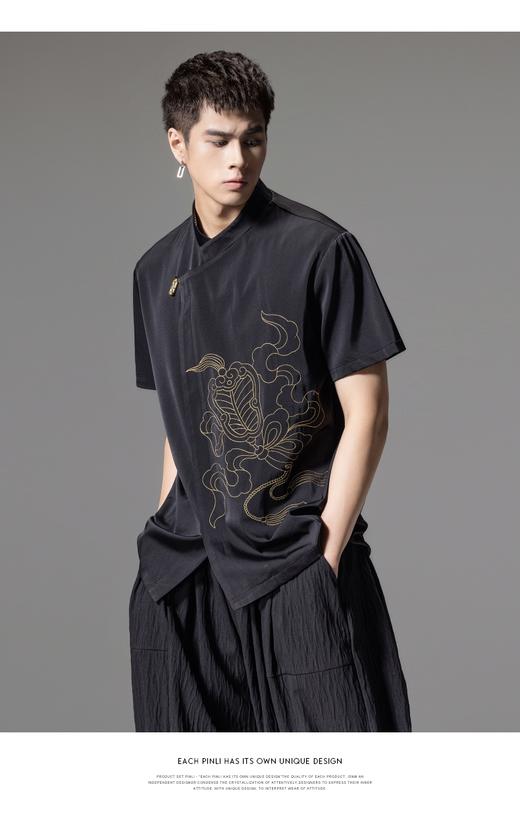 PINLI品立夏季新款新中式刺绣立领衬衫男士国潮斜襟短袖衬衣B242113130 商品图6