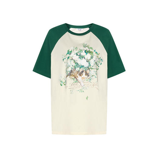 两三事梵高文艺花季萌生2024夏季新款小清新印花撞色短袖t恤女 商品图4