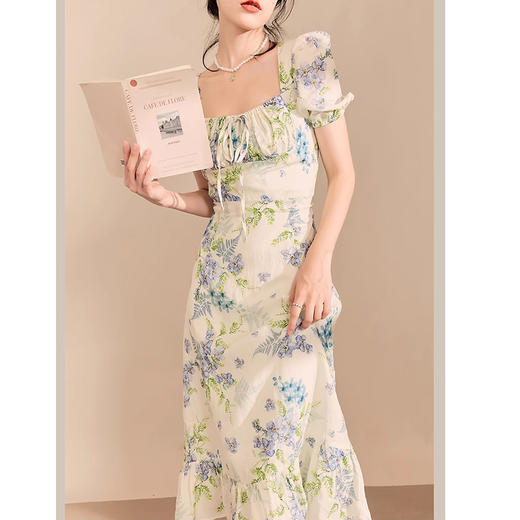 裁缝学苑AS255法式连衣裙长款短袖碎花度假风印花复古长裙夏 商品图5