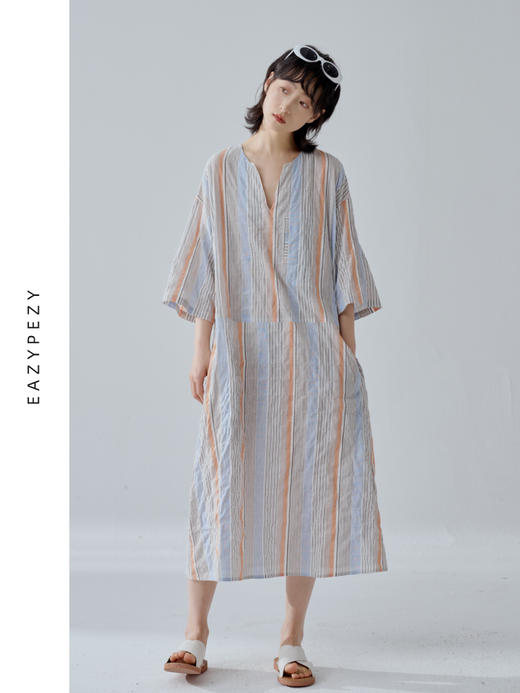 2024SS 进口皱皱棉条纹半袖连衣裙 商品图0
