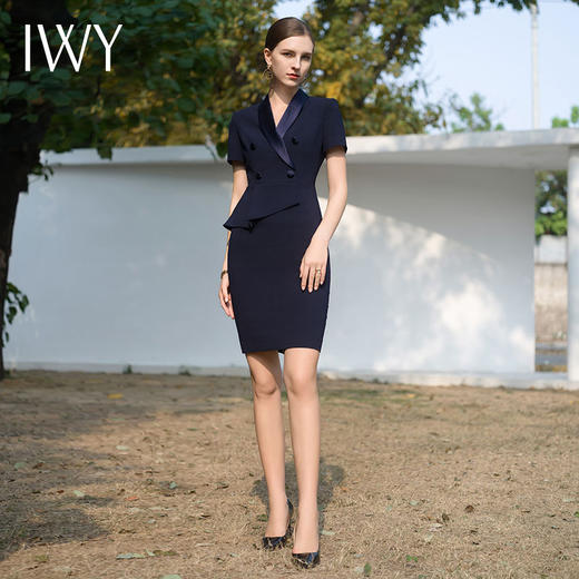 IWY/高端售楼部工服女行政前台接待商务假两件醋酸黑色连衣裙短袖Q1121 商品图2