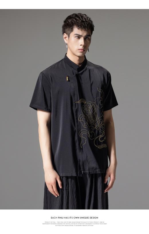 PINLI品立夏季新款新中式刺绣立领衬衫男士国潮斜襟短袖衬衣B242113130 商品图7