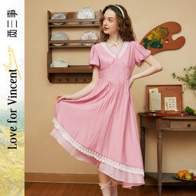 两三事梵高文艺悦夏鸢尾2024夏季新款蕾丝边拼接不规则绣花连衣裙