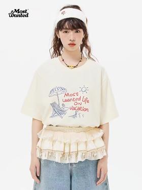 mostwantedlab彩虹/M2412124/夏威夷躺椅标语印花短袖女新款夏季纯棉t恤男