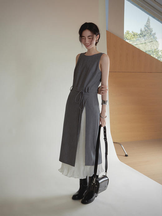 【现货】Even Vintage| 摩登都市 气质时尚圆领经典条纹西装无袖连衣裙 商品图3