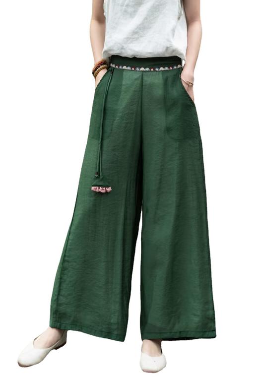 雀说 夏新款复古文艺纯色裤系带贴布口袋宽松显瘦长裤直筒裤女4ZF-23091 商品图4