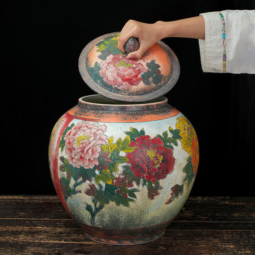 台湾陶艺大家 陈庆 聚宝罐 磨釉牡丹、荷花招财大摆件家用办公室风水罐客厅店铺大容量储存罐 商品图3