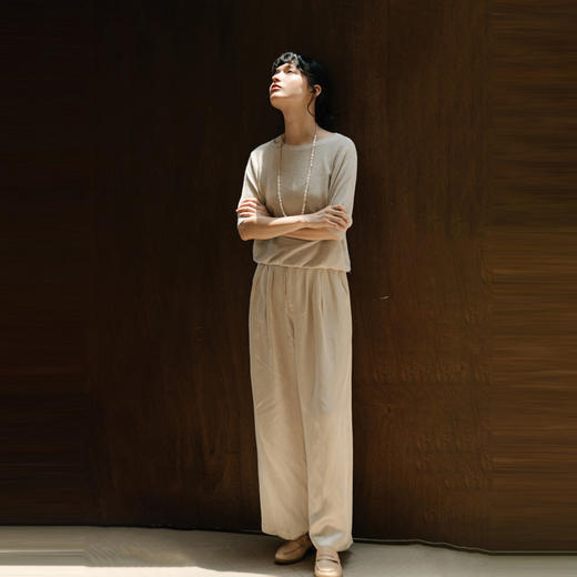 绽放282朵[限量]/燕麦色丝落棉螺纹收口2024夏新款棉麻休闲T恤 商品图1