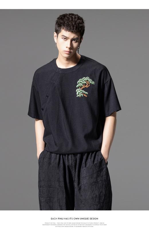 PINLI品立2024夏季新款贴布绣松树短袖T恤新中式圆领休闲男上衣潮B242111117 商品图0